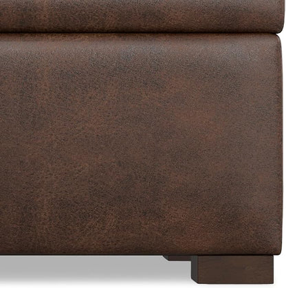 SIMPLIHOME Gabbie 48 inch Wide Contemporary Rectangle Rectangular Storage Ottoman in Distressed Chestnut Brown Vegan Faux Leather, Assembled, For the Living Room, Entryway and Family Room