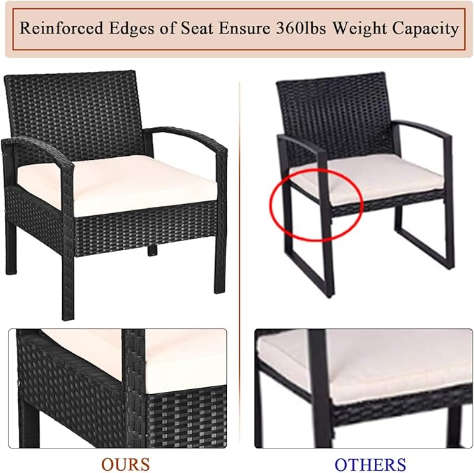 COSTWAY Rattan Patio Furniture Set 3 Pieces, Wicker Conversation Set with Tempered Glass Coffee Table, Seat Cushions, Outdoor Chair Wicker Sofa for Backyard Balcony Porch Poolside, White
