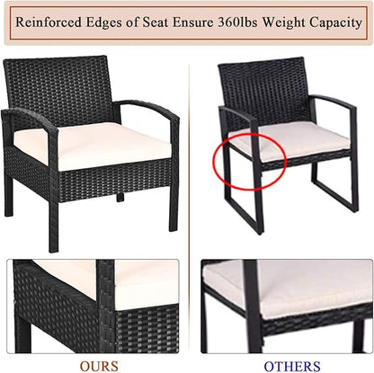 COSTWAY Rattan Patio Furniture Set 3 Pieces, Wicker Conversation Set with Tempered Glass Coffee Table, Seat Cushions, Outdoor Chair Wicker Sofa for Backyard Balcony Porch Poolside, White