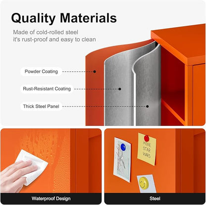 Small Bathroom Storage Cabinet, Metal Sideboard with 2 Doors and 2 Adjustable Shelves, Orange Floor Locker Cabinet 12" Shallow Storage Lockers for Bathroom, Living Room, Hallway, Entryway