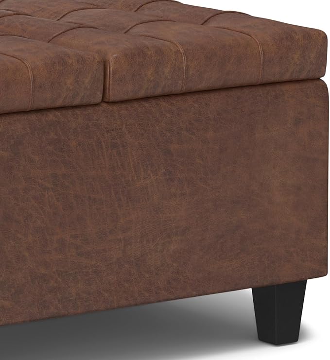 SIMPLIHOME Harrison 30 inch Wide Transitional Square Small Coffee Table Storage Ottoman in Distressed Saddle Brown Vegan Faux Leather, Assembled, for The Living Room and Bedroom