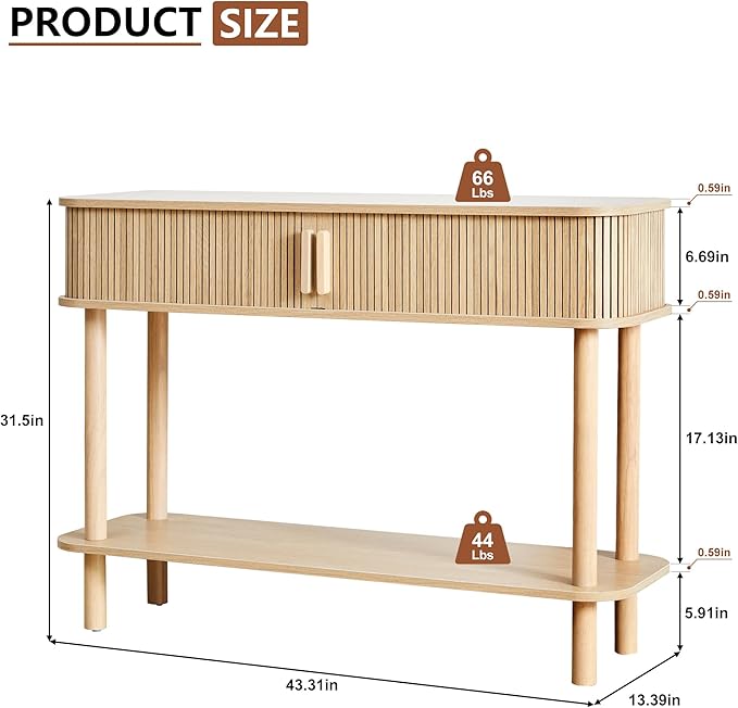 RARZOE Console Table with Storage, Fluted Entryway Table with Sliding Door&Open Shelf, Sofa Table Behind Couch, Mid-Century Modern Accent Table for Hallway, Entrance, Foyer, Fully Assembled(Natural)
