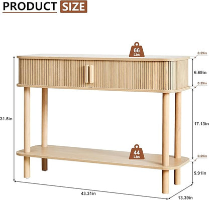RARZOE Console Table with Storage, Fluted Entryway Table with Sliding Door&Open Shelf, Sofa Table Behind Couch, Mid-Century Modern Accent Table for Hallway, Entrance, Foyer, Fully Assembled(Natural)