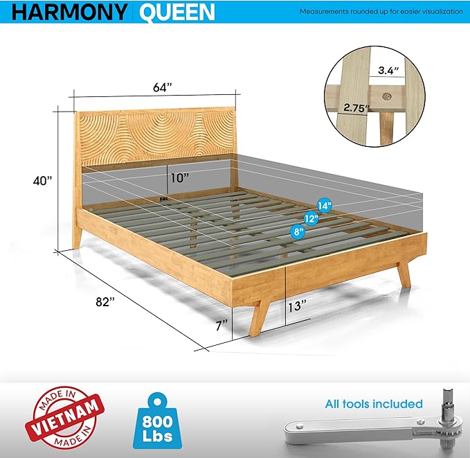 ACACIA Harmony Queen Platform Bed Frame – Solid Rubber Wood, Natural Oak Finish, Mid-Century Design, Signature Circular Wood Texture, 800lbs Support, No Box Spring Needed, Easy Assembly, Easy Assembly