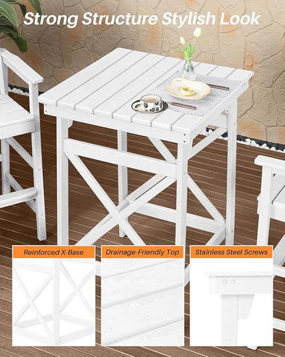 3-Piece Adirondack Chairs and Table Set, HDPE Patio Bar Sets, All Weather Outdoor Bar Stools Set, HDPE Adirondack Bar Height Chairs and Bar Table for Balcony, Porch, Garden, Pearl