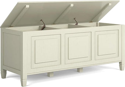 SIMPLIHOME Connaught Entryway Storage Bench - 51 inch Wide Solid Wood Storage Trunk Seat in Antique White, Traditional Bench for Entryway or Living Room with Lift-Up Lid and Decorative Moulding