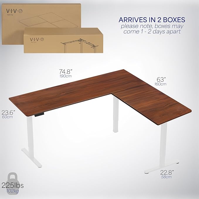 VIVO Corner Standing Desk, 75 x 63 inch Reversible L-Shaped Workstation, Electric Height Adjustment, Home, Office, and Reception Rooms, Dark Walnut Table Top White Frame, DESK-E3CTWD-75