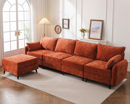 135'' Modular Sectional Sofa with All Seats Storage, Oversized L Shaped Couch for Living Room,4-Seater Comfy Cloud Couches with Movable Ottoman,Big Sectional for Bedroom,Velet,Orange