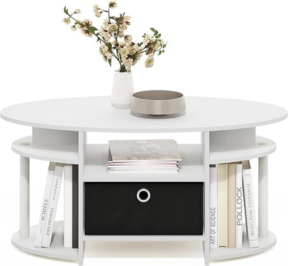 Furinno Jaya Coffee Table, Oval Modern Coffee Table with Shelves and Storage Bin, Side Table, for Living Room, Bedroom, Home Office, White