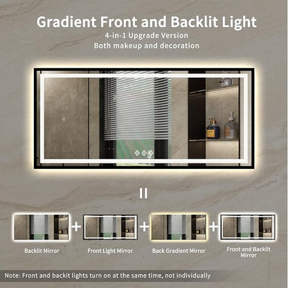 Bathroom Mirrors for Wall, 72x32 Inch Black Framed Gradient Front and Backlit Smart Mirror, 3 Colors Dimmable CRI>90, IP54 Enhanced Anti-Fog Wall Mounted Bathroom Mirror Frame