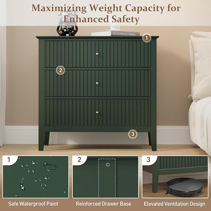 RoyalCraft Green Fluted 3 Drawer Dresser, 32 inch Wide Dresser Nightstand for Bedroom, Modern Wood Chest of Drawers, Large Painted Nightstand with 3 Drawers for Closet, Hallway, Entryway