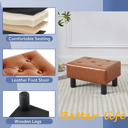 Small Foot Stool Ottoman, Faux Leather Footstool Ottoman Foot Rest for Couch, Rectangle Footstools and Ottomans Small for Living Room, Entryway and Bedroom (Bright Brown)