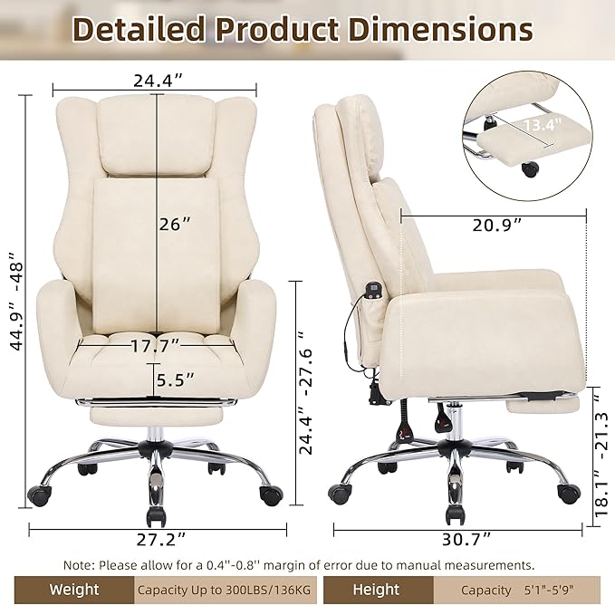 DYHOME Executive Office Chair with Massage and Footrest Heavy Duty Task Desk Swivel Ergonomic Chairs with Lumbar Support Wheels Flip-up Arms Adjustable Height,Leather Beige Computer Gaming Chairs