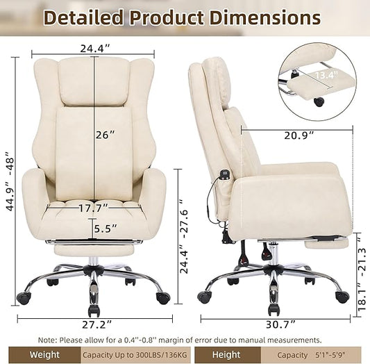 DYHOME Executive Office Chair with Massage and Footrest Heavy Duty Task Desk Swivel Ergonomic Chairs with Lumbar Support Wheels Flip-up Arms Adjustable Height,Leather Beige Computer Gaming Chairs