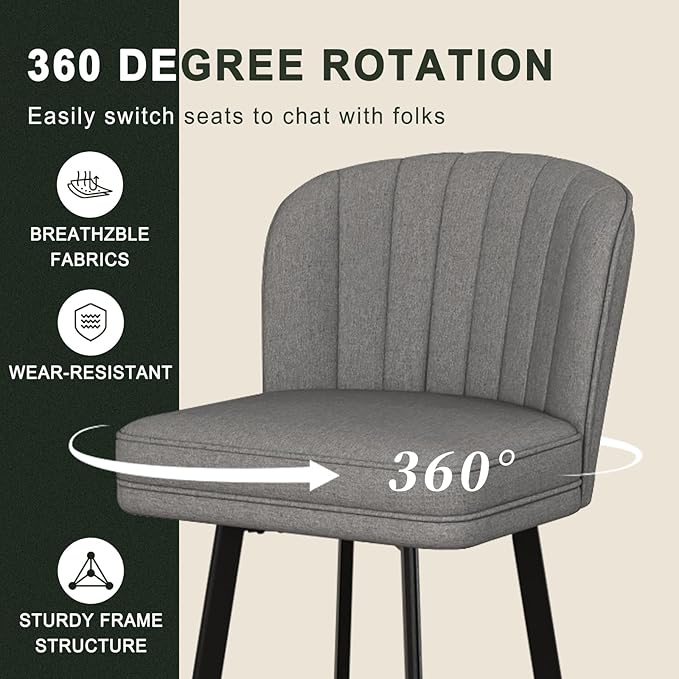 Swivel Counter Height Bar Stools Set of 6, 26'' Modern Barstools with Backs and Metal Legs, Upholstered Bar Chairs,Mid-Gray,Fabric Stools for Kitchen Island Chairs