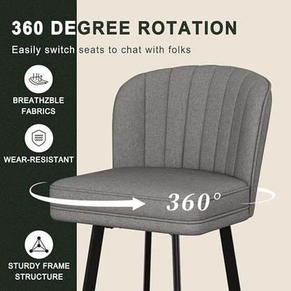 Swivel Counter Height Bar Stools Set of 6, 26'' Modern Barstools with Backs and Metal Legs, Upholstered Bar Chairs,Mid-Gray,Fabric Stools for Kitchen Island Chairs