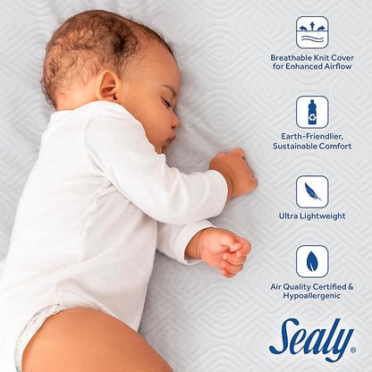SEALY BABY Refresh Breathable 2 Stage Waterproof Crib Mattress Plus Toddler Bed Fit, Removable Knit Cover, GREENGUARD Gold Certified, Safety & Quality Tested, Made in USA, 52X28 -White