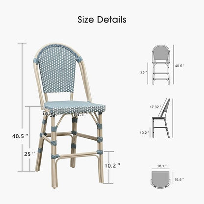 PURPLE LEAF French Counter Height Bar Stool Set of 4 25" White Print Finish Patio Bar Chairs with Back Rattan Bar Chairs French Bistro Set for Kitchen Outdoor Counter Stool Light Blue