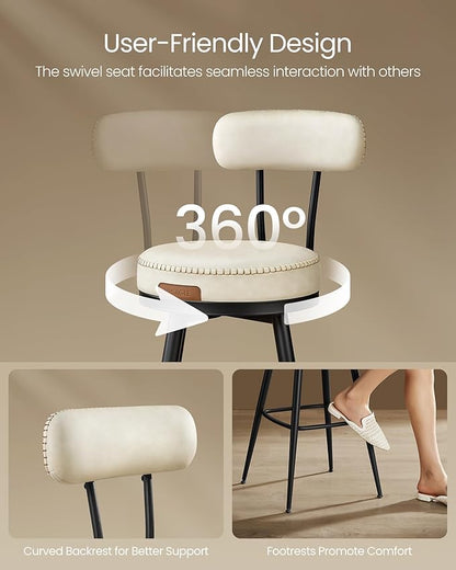 VASAGLE EKHO Collection - Bar Stools Set of 2, Swivel Counter Height Bar Stools with Back, Synthetic Leather with Stitching, Mid-Century Modern, 25.6-Inch Tall Barstools for Kitchen Bar, Cream White