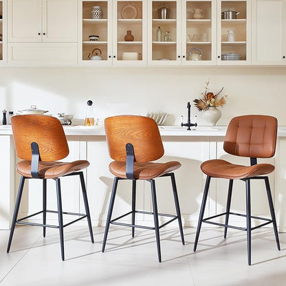 Mid Century Modern Bar Stools Set of 3 for Kitchen Island,Upholstered Brown Faux Leather Counter Height stools,26 Inch Counter stools with Walnut Grain Back