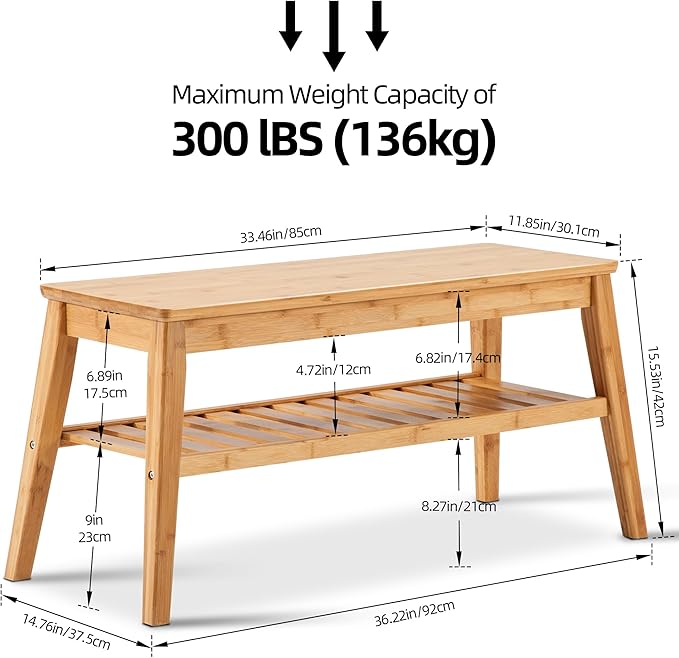Nnewvante Bamboo Dining Bench, 33.46" Indoor Storage Bench, Small Wood Benches for Entryway, Living Room, Bedroom, Hallway, Outdoor Wooden Bench, Holds up to 300lbs