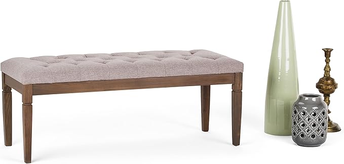 SIMPLIHOME Waverly 48 inch Wide Traditional Rectangle Tufted Ottoman Bench in Cloud Grey Linen Look Fabric, Assembled, For the Living Room and Bedroom