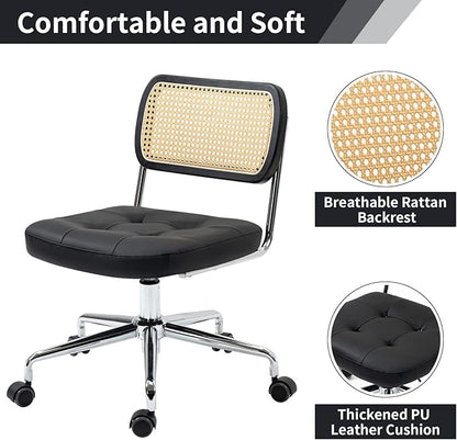 Mid Century Modern Home Office Chair with Wheels, Armless Leather Rattan Desk Chair, Upholstered Adjustable Height Swivel Computer Chair, Black