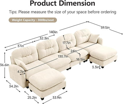 140" U Shaped Couch for Living Room, Comfy Chenille Fabric Cloud Sectional Couch, Modern Upholstered Deep Seat Sofa with Pillow and 2 Movable Ottoman, Oversized 4 Seater Sectional Sofa, Beige