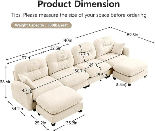 140" U Shaped Couch for Living Room, Comfy Chenille Fabric Cloud Sectional Couch, Modern Upholstered Deep Seat Sofa with Pillow and 2 Movable Ottoman, Oversized 4 Seater Sectional Sofa, Beige