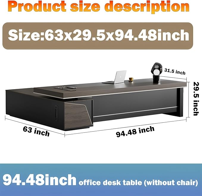 Large Executive Desk, Modern L-Shaped Computer Desk with Side Cabinets, Drawers and Password Lock, CEO Business Furniture Desk (Chair Not Included)(63x29.5x94.48inch)
