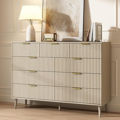 CARPETNAL Fluted 9 Drawer Dresser for Bedroom, 55" Wide Wooden Chest of Drawers with Rounded Corners, Gold Handles, Modern Storage Organizer for Bedroom, Hallway (Beige)