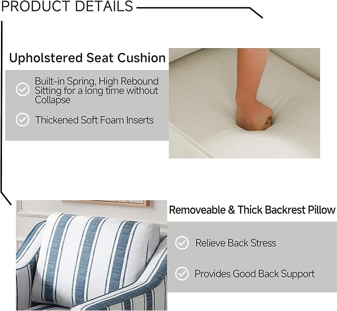 UIXE Swivel Accent Chairs Set of 2, Fabirc Upholstered Arm Chair for Living Room, Modern Club Armchair Comfy Single Sofa Bedroom Reading Seat with Lumbar Pillow - Navy Blue Stripe