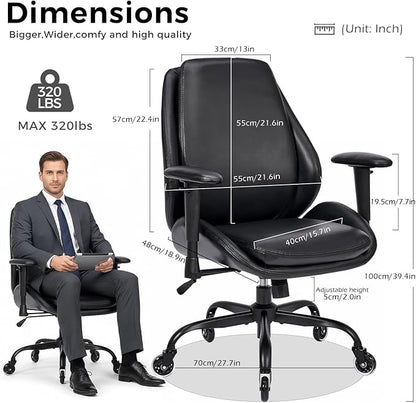 BEWISHOME Home Office Desk Chair, Black Leather Executive Chair with Adjustable Armrests, Computer Chair with Lumbar Support, 360° Swivel Ergonomic Rolling Chair for Adults, Up to 320lbs，BBY02B