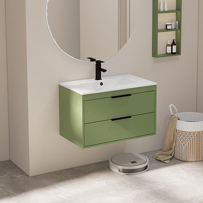 eclife 30" Bathroom Vanities Cabinet with Sink Combo, Wall Mounted Floating Cabinet W/Decor Line, Soft-Close System, 2 Extra Big Drawers, Matte Black Faucet, Matcha Green