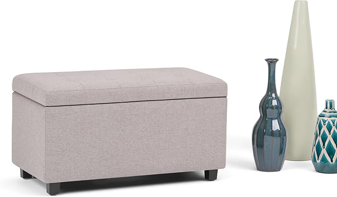 SIMPLIHOME Cosmopolitan 34 inch Wide Transitional Rectangle Storage Ottoman in Cloud Grey Linen Look Fabric, Assembled, For the Living Room, Entryway and Family Room