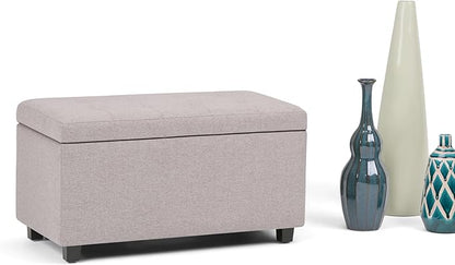 SIMPLIHOME Cosmopolitan 34 inch Wide Transitional Rectangle Storage Ottoman in Cloud Grey Linen Look Fabric, Assembled, For the Living Room, Entryway and Family Room