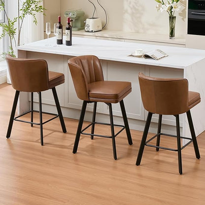 Swivel Counter Height Bar Stools Set of 4, 26'' Modern Barstools with Backs and Metal Legs, Upholstered Bar Chairs, Faux Leather Dark Brown Stools for Kitchen Island Chairs