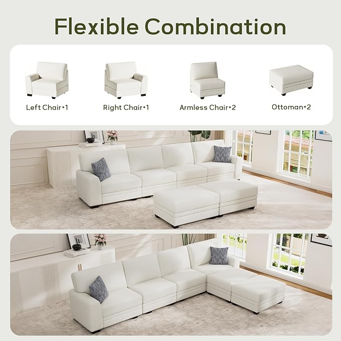 Wanderwell Oversized Modular Sectional Sofa, 6-Seater U Shaped Couches with Movable Ottoman,Corduroy Sectional Couch with Wide and Deep Seats Suitable for Living Room,Bedroom,Apartment (Cream, U-6)