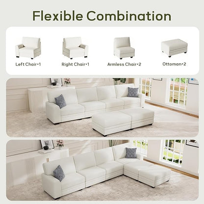Wanderwell Oversized Modular Sectional Sofa, 6-Seater U Shaped Couches with Movable Ottoman,Corduroy Sectional Couch with Wide and Deep Seats Suitable for Living Room,Bedroom,Apartment (Cream, U-6)