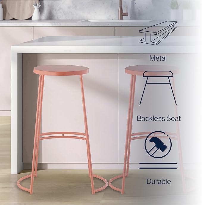 JONATHAN Y BSL1001C Hula 28.75" Modern Designer Iron Curved Backless Bar Stool for Home, Kitchen, Dining Room, Workspaces, Cafes and Resturants, Pink Frame