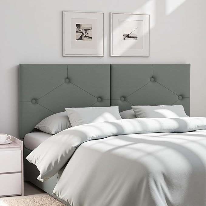 King Size Headboard, Faux Leather Headboard with Solid Wood & Sturdy Metal Legs, Adjustable Height Bed Headboards King Tufted Upholstered in Modern Button Design, Grey