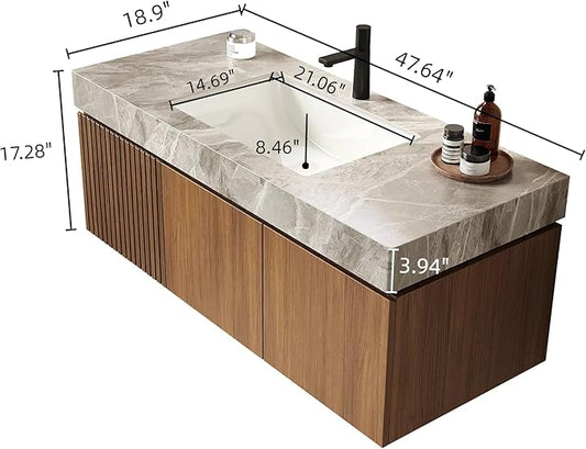 48 Inch Floating Bathroom Vanity with Sink Espresso, Wall-Mounted Farmhouse Bathroom Vanity with Drawer and Doors, Light Gray Sintered Stone Countertop and Ceramic Basin, Pre-Assembled