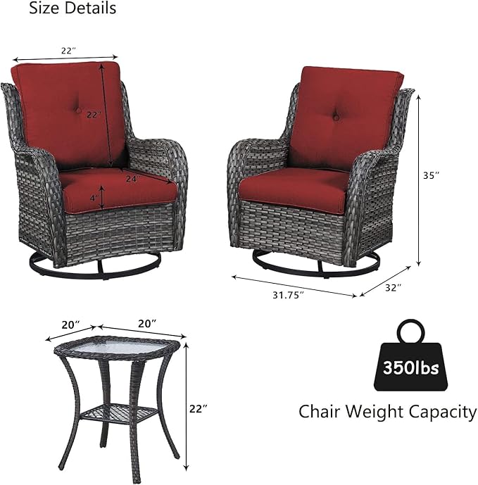 HUMMUH 3-Piece Swivel Rocking Rattan Chair Outdoor, Patio Bistro Furniture Conversation Set, Cushioned Wicker Chair with Glass Coffee Table(Grey, Red)
