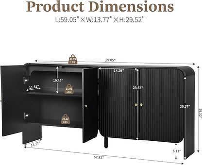 Fluted Sideboard Buffet Cabinet with Storage, 59'' Curved Buffet Cabinet with 4 Doors & Shleves, Modern Credenza Wood Coffee Bar Table Console for Dining Room Kitchen Living Room Entryway, Black