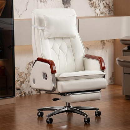 Kinnls Cameron Massage Chair Genuine Leather with Heated Ventilation, Managerial Executive Home Office Chair Fully Reclining with Retractable Footrest and Adjustable Headrest (Cowhide Leather-White)