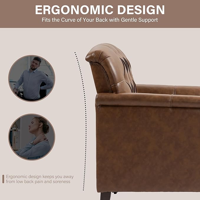 Lumibee Faux Leather Armchair, Contemporary Accent Chair with Nailhead Trims & Wood Legs for Living Room, Upholstered Comfy Arm Chair for Office,Bedroom-Brown
