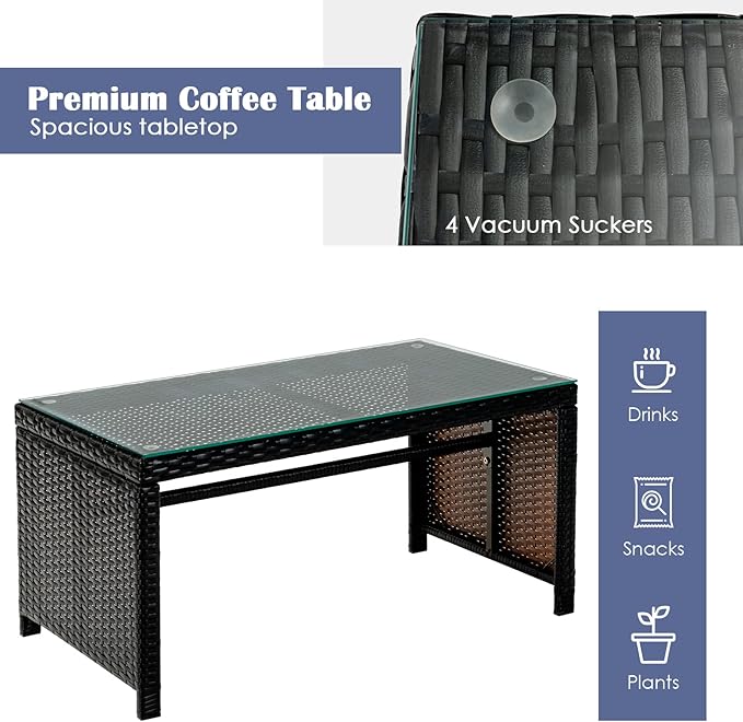COSTWAY Patio Furniture Set 4 Pieces, Outdoor Wicker Chairs Sofa w/Coffee Table and Soft Cushions, Rattan Conversation Sets for Patio Lawn Backyard Yard Pool Garden, Navy