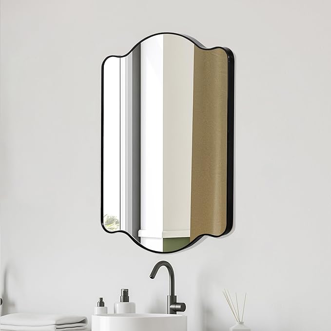 JONATHAN Y MIR205A Louisa 24 in. W x 36 in. H Medium Scalloped Rectangular Metal Framed Wall Mirror, for Bathroom, Living Room, Bedroom, Black