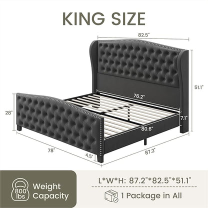 LARMACE King Size Bed Frame Velvet Upholstered Platform Bed with Wingback Headboard & Footbaord, Deep Button Tufted Bed Frame with Wood Slats Support, No Box Spring Needed, Grey