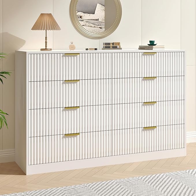 White Fluted Dresser Bedroom with 8 Drawer,55” Wide White Double Drawer Dresser Modern Chest of Drawers with Gold Handles,Wood TV Stand for Bedroom,Living Room